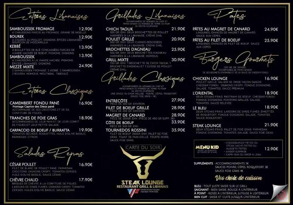Menu Steak Lounge pour le diner